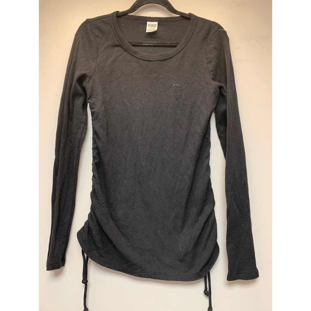 PINK Victoria's Secret Thermal Top Womens Large Black Excellent Ruched Side L/S